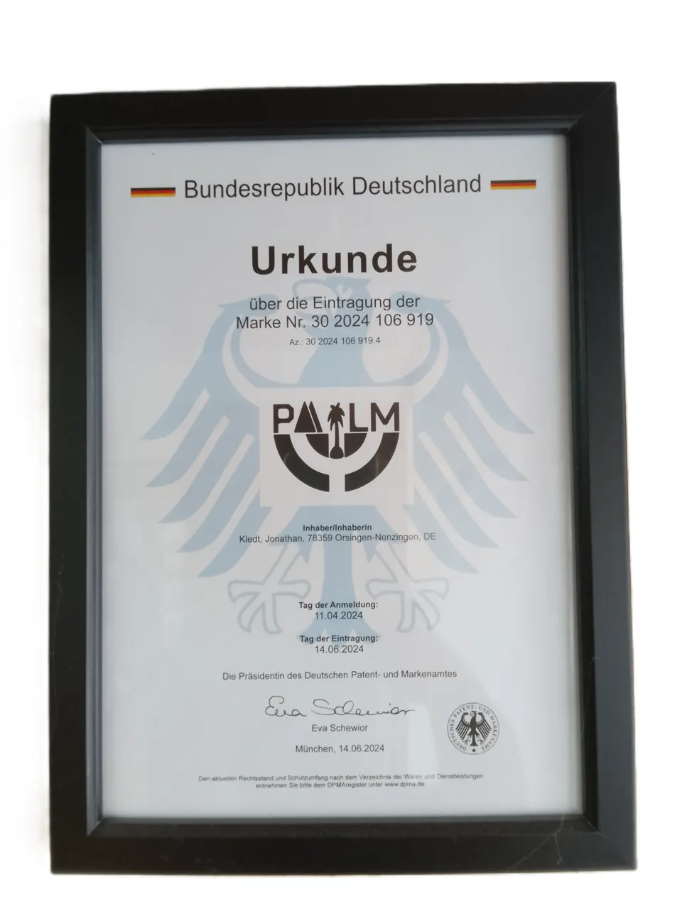 Urkunde über die Eintragung der Marke Pailm